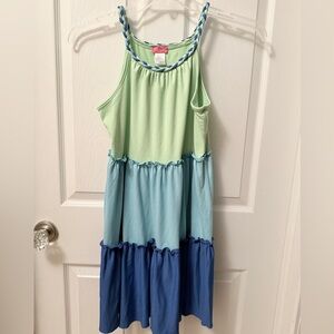 Zunie Green and Blue Color Block Kids Dress